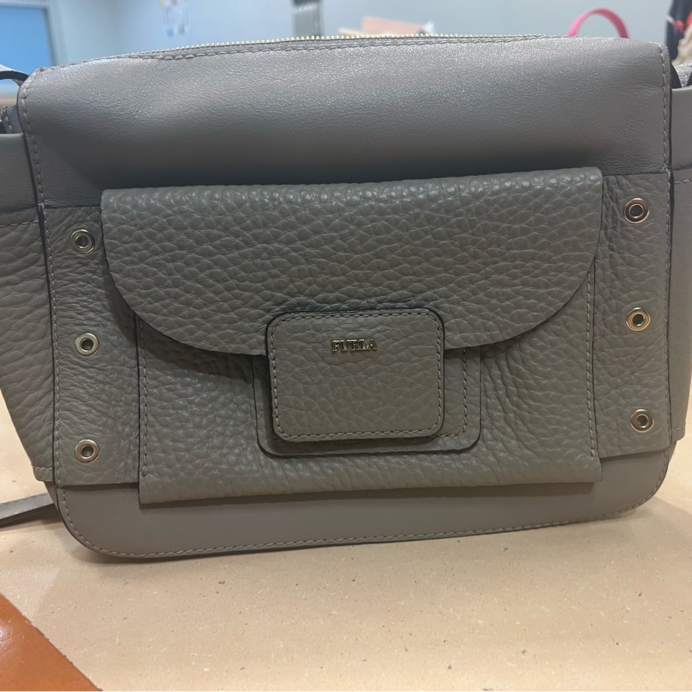 LOW START!! Furla Gray Pebbled Leather Flap Crossbody EUC!!!!